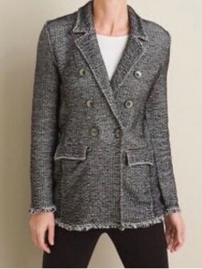 Chico's Black & White Tweed Heathered Double-Breasted Sweater Blazer Sz 0 (2-4)